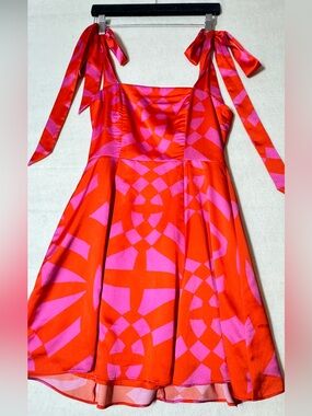Gianni Bini Satin Tie Strap Dress Orange Pink Geo Print Size 4